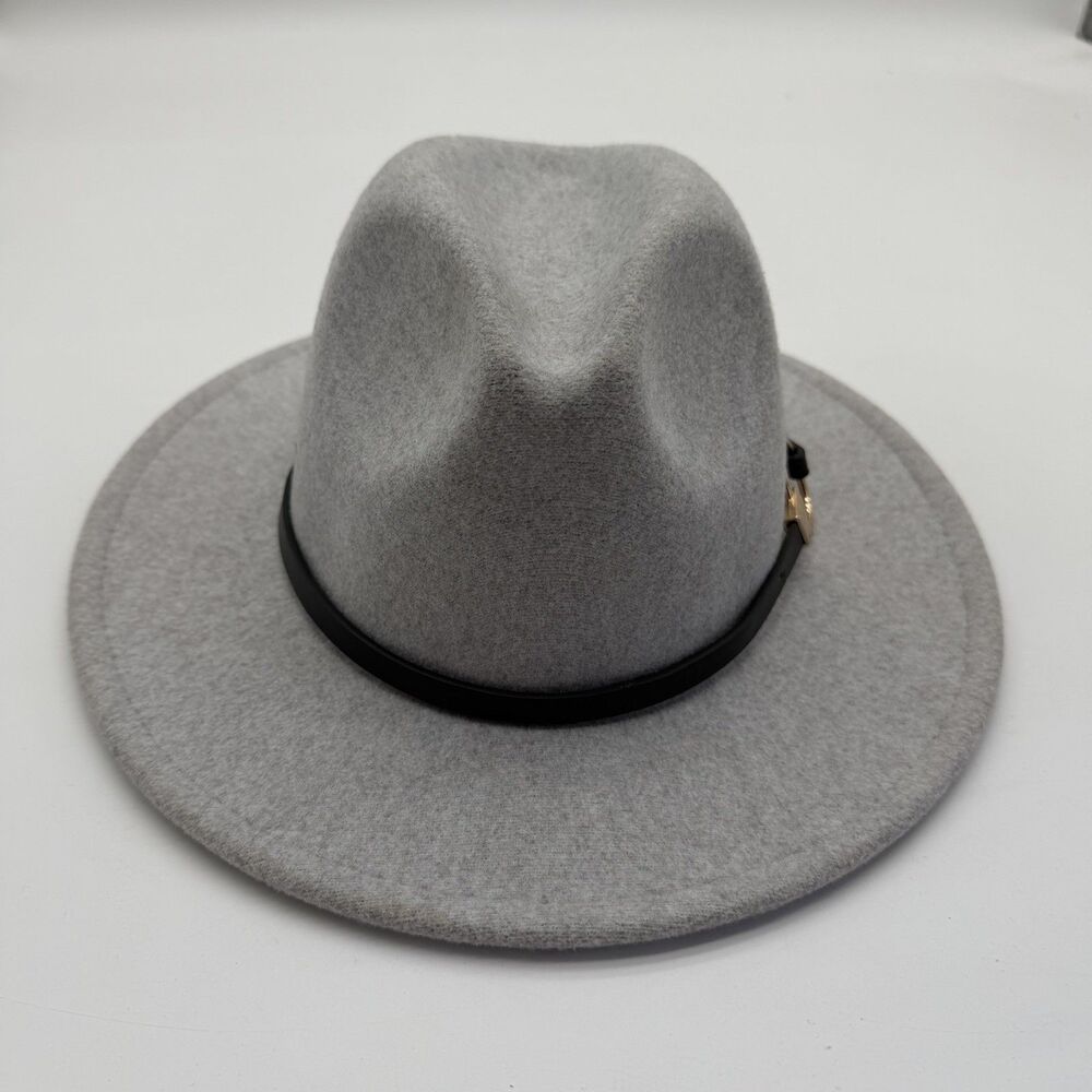 ANN KLEIN Women's 100% Wool classic Fedora Hat wide brim with Gold Tone buckle